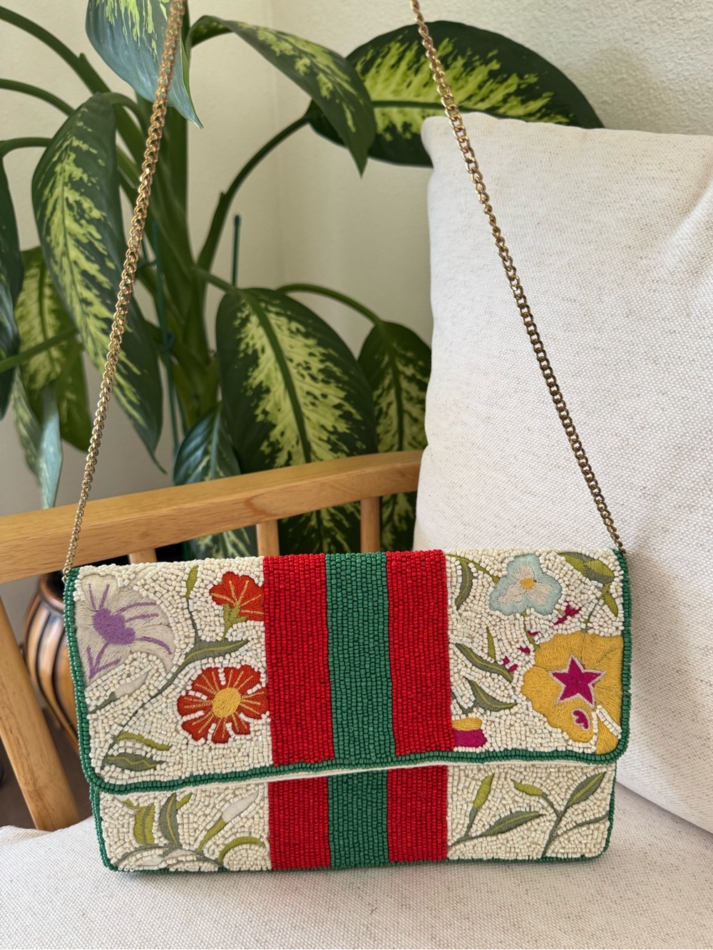 Beaded Floral Stripe Chain Shoulder Bag Purse Clutch Multicolor 100% Cotton